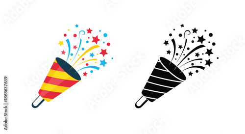 Festive party popper icons in color and black silhouette versions spraying colorful confetti and stars for celebrations and holiday events.