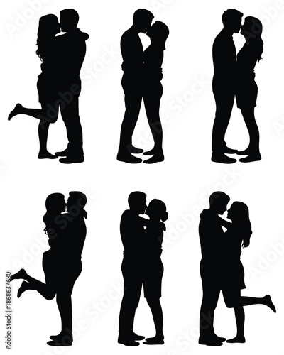 romantic couple silhouette set expressing love and affection, man and woman love pose silhouettes collection, romantic relationship silhouette figures in loving poses, romantic couple silhouettes set.