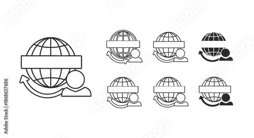 World globe icons combined with person silhouettes and text boxes for representing global accounts, user demographics, and international profiles.