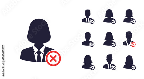 Collection of male and female user profile icons featuring checkmarks for approval and cross marks for rejection or error in system access.