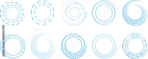 Abstract circular ring set with dotted, dashed, and layered geometric patterns. Clean modern round shapes create dynamic radial motion and balanced symmetry. Perfect for technology designs, 