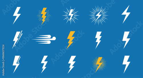 Lightning bolt and flash icon collection in various styles including classic, energy, and weather symbols on a solid blue background.