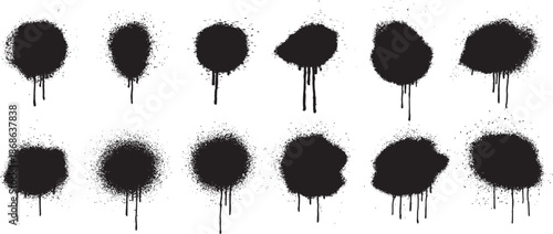 Black ink splatter set with dripping paint blots and grunge textures. Dark abstract stains and messy splashes isolated on white create a raw distressed look. Perfect for grunge design, overlays, poste