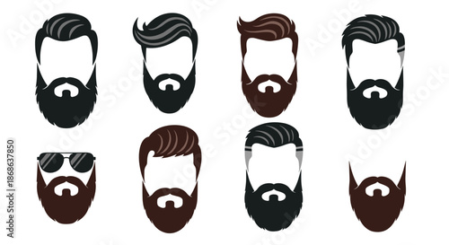 Set of male character head avatars with diverse hair styles and thick beards showing different grooming trends and barber shop options.