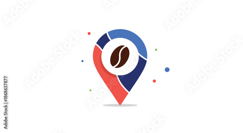 Coffee shop location pin icon featuring a coffee bean symbol in the center surrounded by colorful abstract dots on a white background.