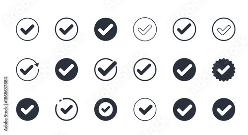 Comprehensive set of check mark and tick icons in various circle and button styles for success, approval, and task completion status.