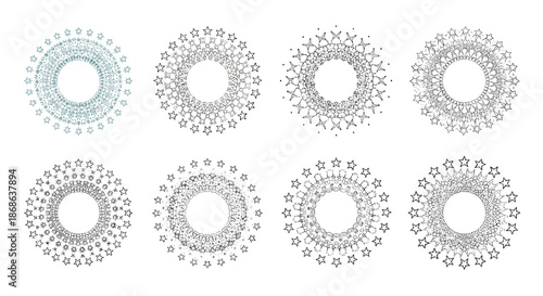 Intricate circular star patterns and mandala designs created with clusters of small stars for festive decorations, magic, and cosmic art themes.