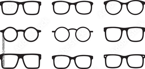 Glasses Icons Different Angle View Black Vector Illustration Set Isolated On White Background