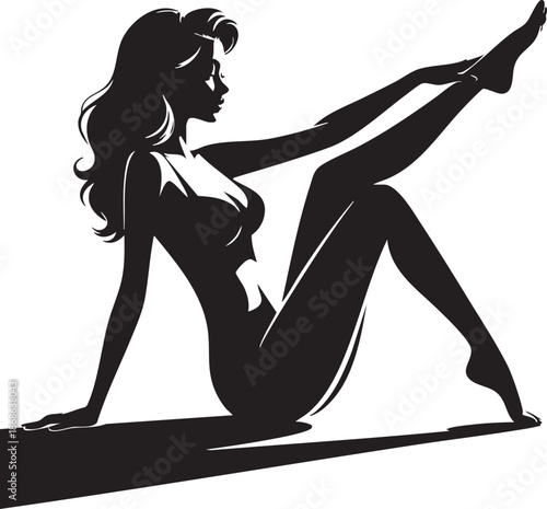 Silhouette of a woman sitting on the floor with one leg raised high in a graceful yoga pose showcasing elegance and flexibility in a simple black and white illustration.