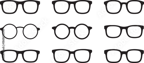 Glasses Icons Different Angle View Black Vector Illustration Set Isolated On White Background