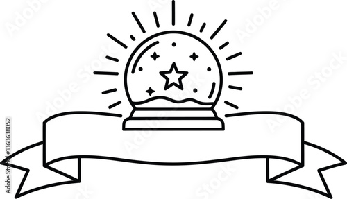 Magical glowing crystal ball with a star inside on a decorative ribbon banner