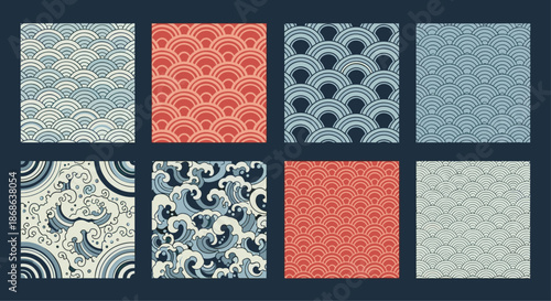 Traditional Japanese wave pattern set in different color palettes and layouts representing classic Asian art and ocean wave motifs.