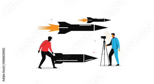 Surveillance and defense concept showing people photographing or tracking black missiles flying through the air against a white background.