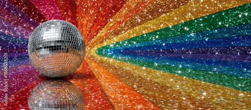 The disco ball emits light that forms a colorful, sparkling bokeh background, representing a music party nightclub concept in an image of technology