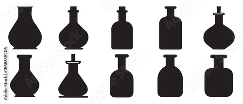 Laboratory Bottle Icon set. Flat style black on white background.