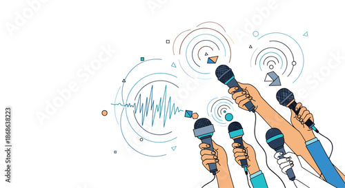 Multiple hands holding microphones with sound wave graphics representing a press conference, media interview, or breaking news coverage.
