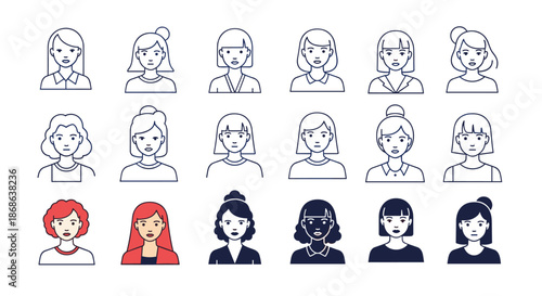 Grid of diverse female avatar icons showing different hairstyles, outfits, and ethnicities in a simple line art and filled color style.