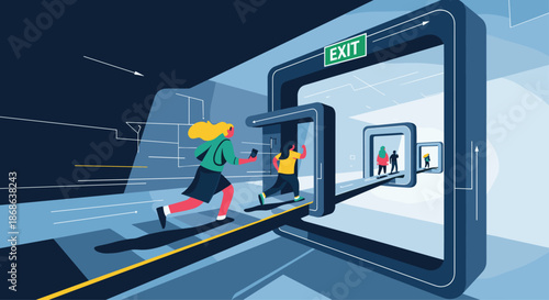 Business people running through a series of glowing exit doors toward a bright future or escape from a corporate office environment.