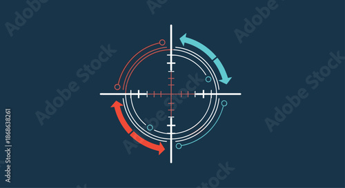 High tech target crosshair or aim interface element with red and teal rotating arrows and measurement marks on a dark blue background.