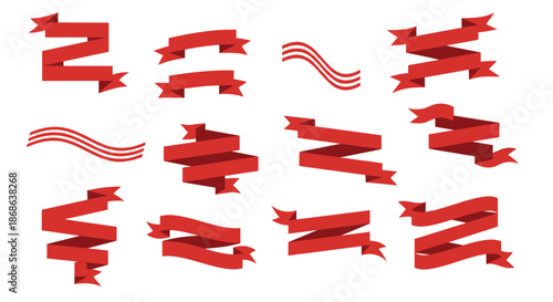 Collection of various red ribbon banners and scrolls in different shapes and folds for headings, awards, and decorative design elements.