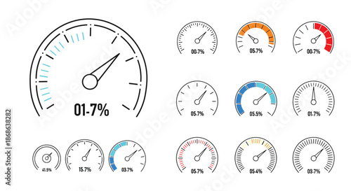 Set of gauge icons and speedometers showing different percentage levels from low to high for dashboard and data visualization projects.