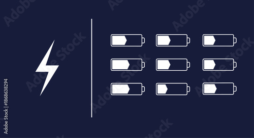 Energy charging concept with a lightning bolt symbol and multiple battery icons at different power levels on a dark blue background.
