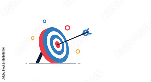 Archery bullseye target with a blue and red arrow hitting the center red circle perfectly for success, goals, and achievement themes.