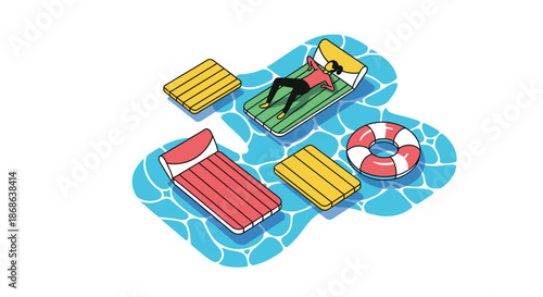 Isometric view of a person relaxing on a green pool float in bright blue water surrounded by other inflatable rafts and a life buoy.