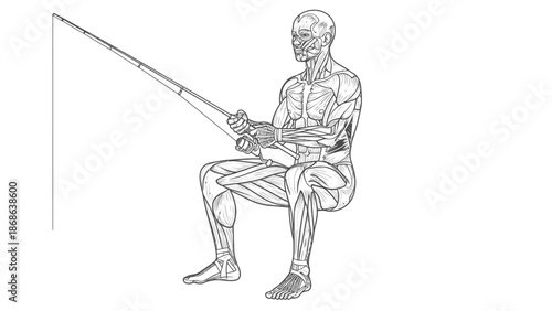 Detailed anatomical drawing of a seated human figure with visible muscles, holding a fishing rod in a leisure activity.