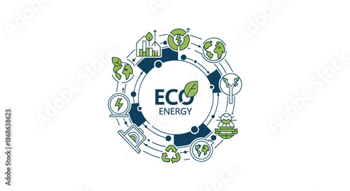 Eco energy infographic displays various sustainable power sources and environmental icons arranged in a circular flow for clean living.