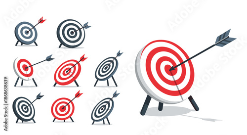 Various archery targets with arrows hitting the bullseye represent precision, goal setting, and successful business strategy outcomes.