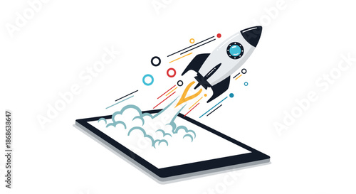 Spaceship rocket launching from a digital tablet screen depicts rapid business growth, startup success, and technological innovation.