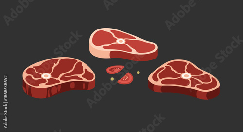 Fresh raw beef steaks with bone and fat marbling are presented with simple seasonings on a dark background for culinary inspiration.