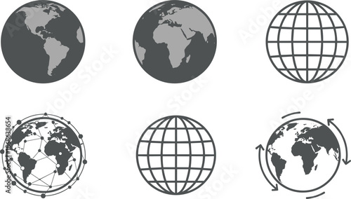 Set of minimalist global earth icons featuring world maps network connections and globe wireframe symbols for international business communications.