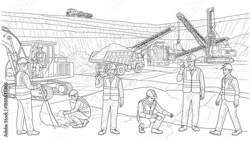 Detailed line art illustration of a large-scale mining or construction site with heavy machinery and workers.