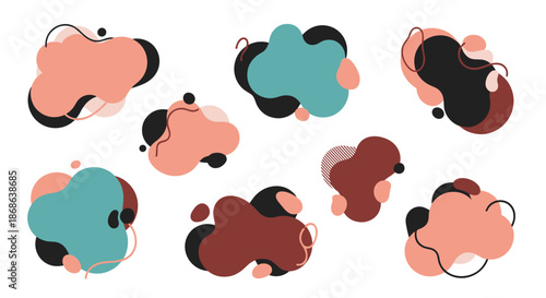 Abstract fluid shapes in muted peach, teal, and brown tones create a modern decorative pattern for artistic web designs and posters.