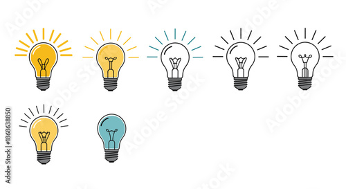 Set of light bulb icons in various colors and designs symbolizes the stages of creative development and bright innovative solutions.