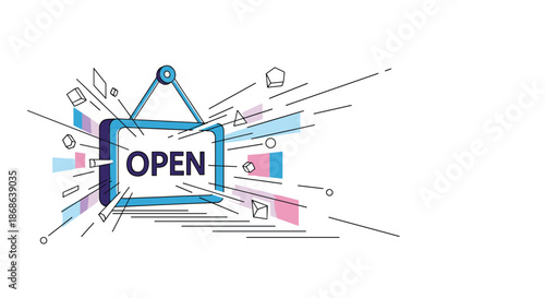 Glowing neon open sign with geometric lines and abstract shapes signifies a welcoming atmosphere for retail stores and modern businesses.