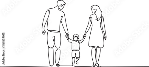 Happy family in continuous line art drawing style. Front view of parents with their little kid holding hands and walking together black linear sketch isolated on white background. Vector illustration