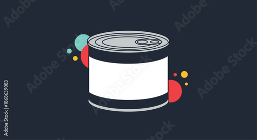 Canned food tin with a blank white label and colorful dots represents grocery products, food storage, and packaging design templates.