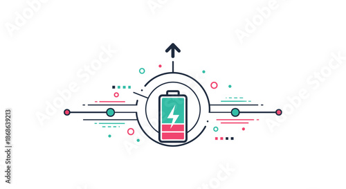 Battery charging infographic with power levels and technological lines illustrates energy management, efficiency, and portable device power status.