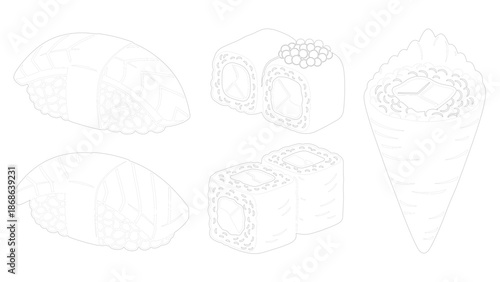 Black and White Illustration of Sushi Rolls and Ice Cream