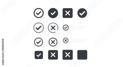 Collection of checkmark and cross icons in various styles represents confirmation, approval, rejection, and decision making in user interfaces.