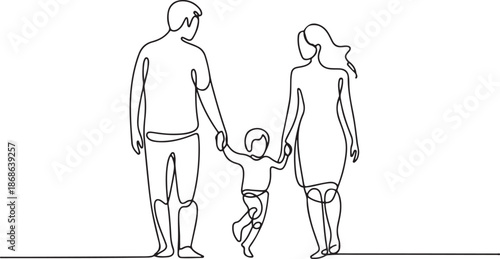 Happy family in continuous line art drawing style. Front view of parents with their little kid holding hands and walking together black linear sketch isolated on white background. Vector illustration