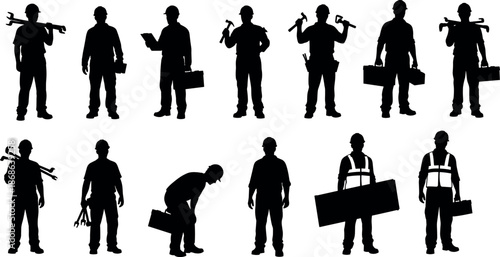 Black Silhouettes of Construction Workers Maintenance Engineers and Plumbers Carrying Tools Equipment and Toolboxes Isolated on a Plain White Background