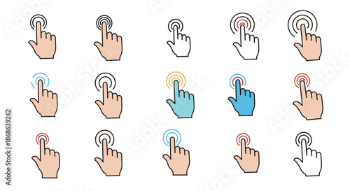 Hand clicking icons with various circular pulse effects and skin tones illustrate touch screen interaction and mobile app navigation options.