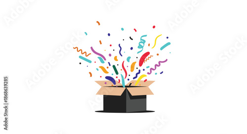 Surprise gift box opened with colorful confetti and streamers exploding from inside representing celebration, party, and festive success.