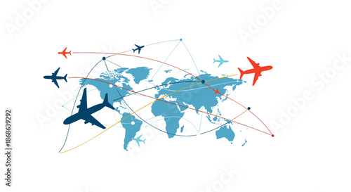 Map of the world with multiple airplane flight paths connecting continents for global travel and international aviation concept.