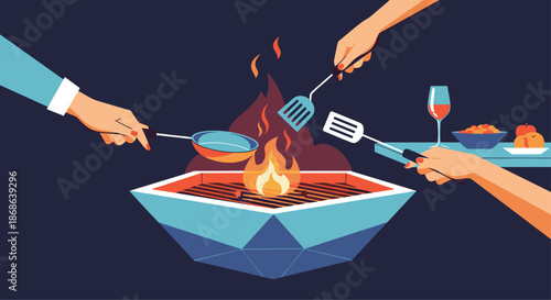 Multiple hands using spatulas and pans to cook food over an open fire pit during an outdoor dinner party with drinks and fruits.