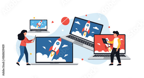 Team of young professionals using laptops displaying a rocket launch to symbolize startup growth, business success, and fast technology.